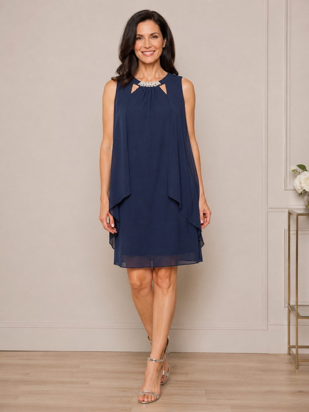 #1184 SLNY Navy Blue Embellished Pearl Neck Chiffon Overlay Dress